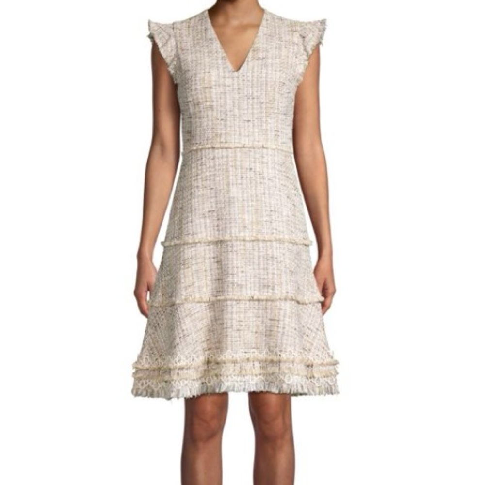 Elie Tahari Metallic Tweed Fringe Dress Lorain Sleeveless V-Neck Fit & Flare 8